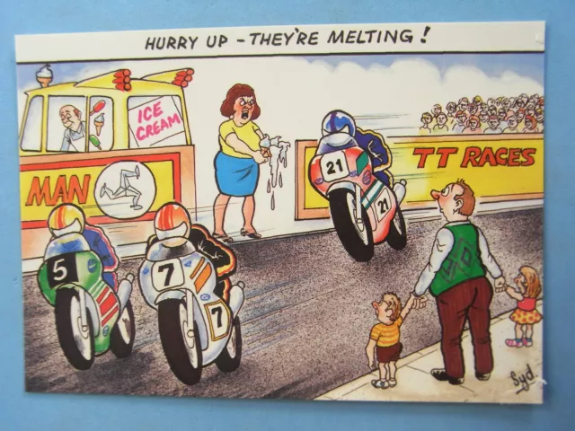 Comic Postcard 1980's Isle Of Man TT Races Motorcycle Motorbike ICE CREAM VAN