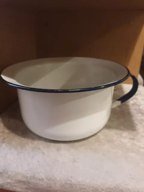 Vintage Enamel Chamber Pot Plant Pot White With Blue Trim And Handle