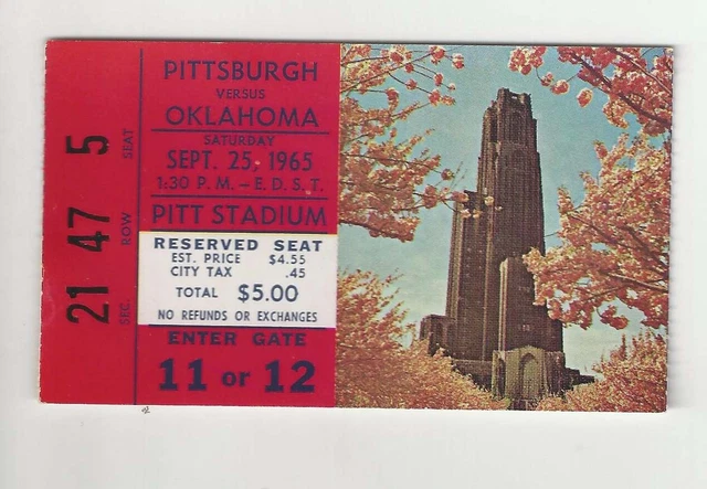 1965 Oklahoma vs Pittsburgh original college football ticket stub