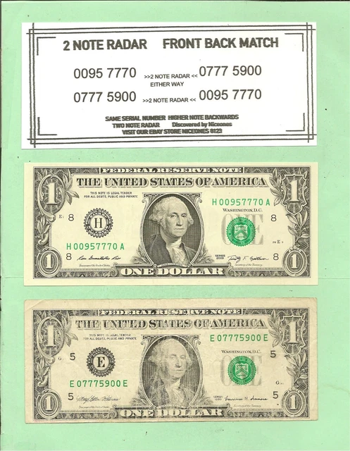 '0095 7770 & 0777 5900' .. 2-Note Radar Match ... 2009 ..Cu $1  &  1999 $1