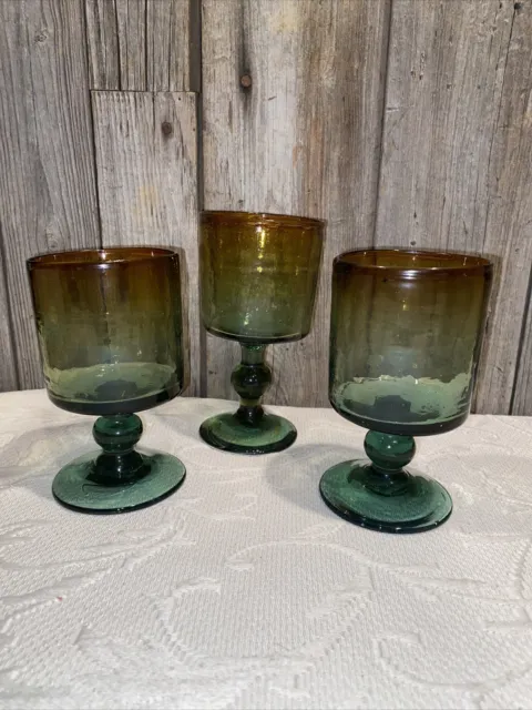 Vintage Hand Blown Stemware Wine Goblets Glasses Mexico Green Amber Set of 3