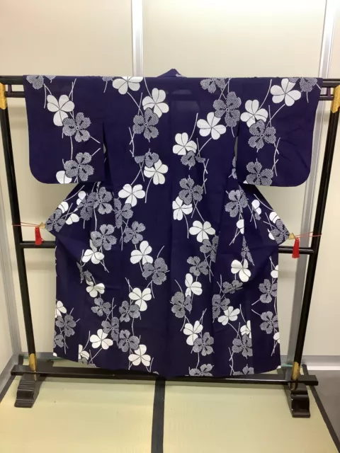 Japanese Vintage Kimono cotton Yukata navy blue flower dirt Height 60.62inch