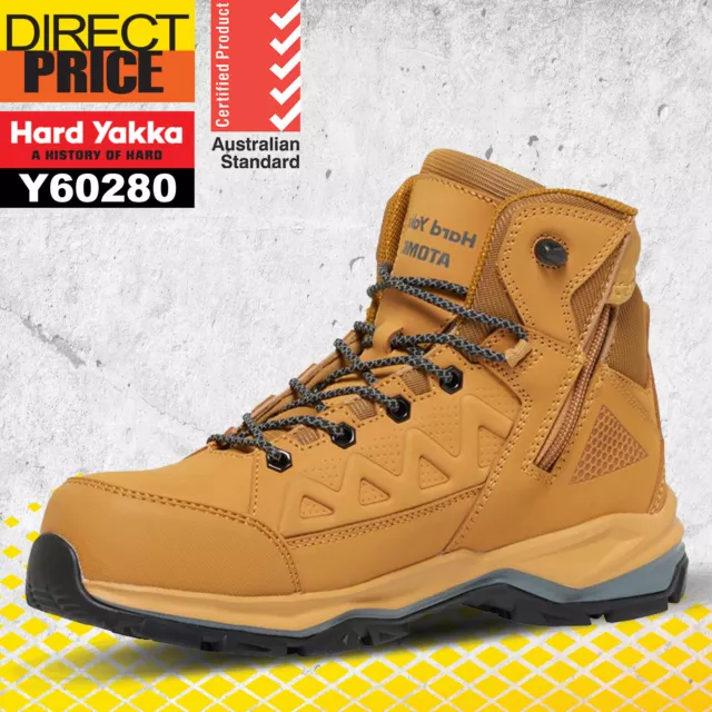 Hard Yakka Work Boots Zip Side Lightweight Wheat Safety Lace ATOMIC Y60280 NEW