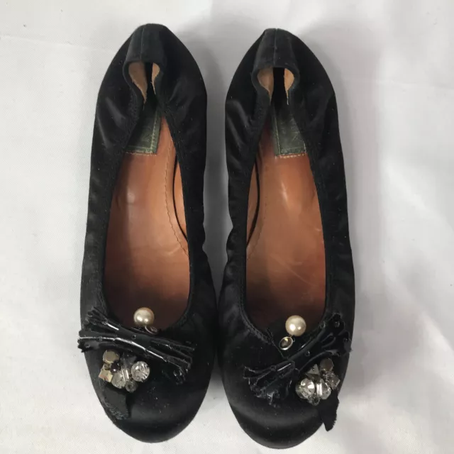 LANVIN Size 9.5 Black Jeweled Embellished Black Satin Ballerina Flats Shoes 2
