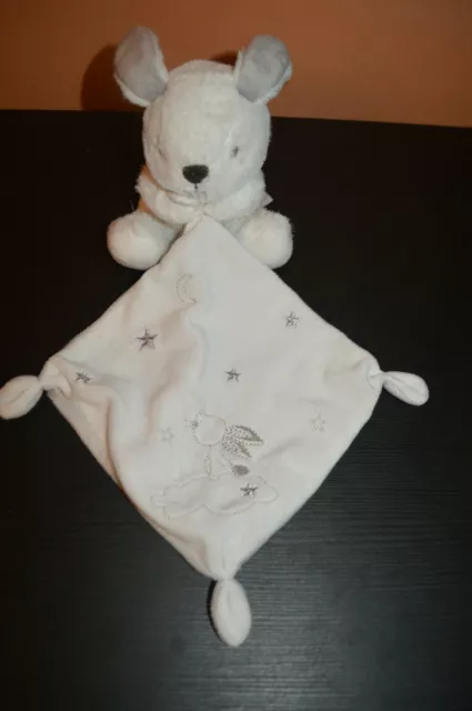 Doudou Peluche Lapin Mouchoir Simba Blanc Gris Etoiles Lune Nuage