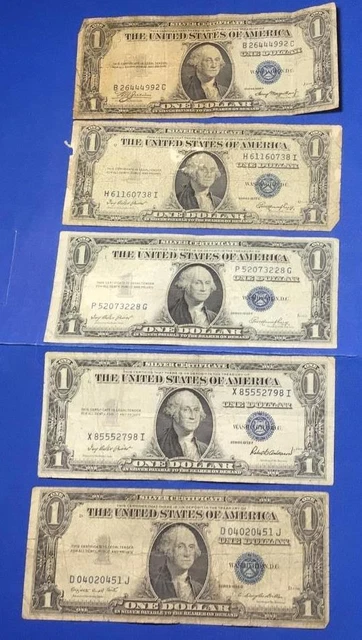 1935A-1935G $1 Blue SILVER Certificates Set of 5! Lower Grade! X4992 Currency!
