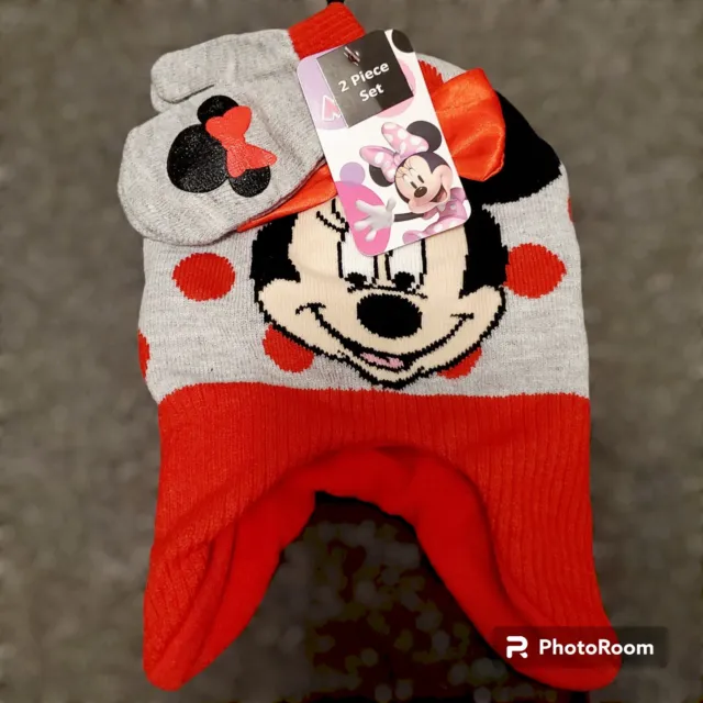 Minnie Mouse Hat & Mitten Set Toddlers Gray Red New