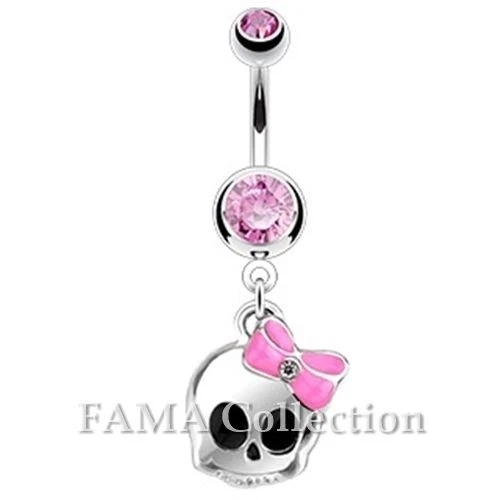 Cute FAMA Skull with Paved Gem & Pink Bow Navel Belly Ring 316L Steel