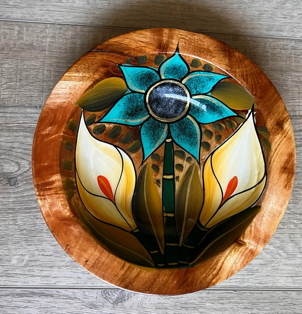 Folk Art Turned Wooden Bowl Floral 8” Lacquered Dough Snack Candy Dish Native 2