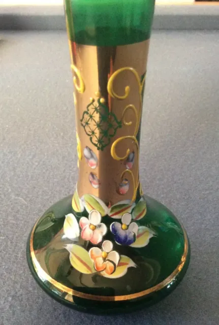 Vintage Bohemian Enamel Hand Painted Green Vase Made In Italy With Floral Design