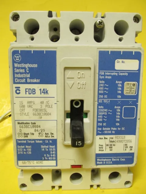 * WESTINGHOUSE FDB 14k 15 AMP 3 POLE FDB3015L BREAKER W/AUXILIARY .... VD-62