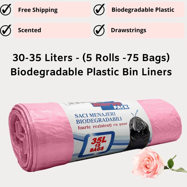FODERE BIDONE - 5 ROTOLI, 75 PEZZI (35L) - Plastica Biodegradabile Profumata di Rosa