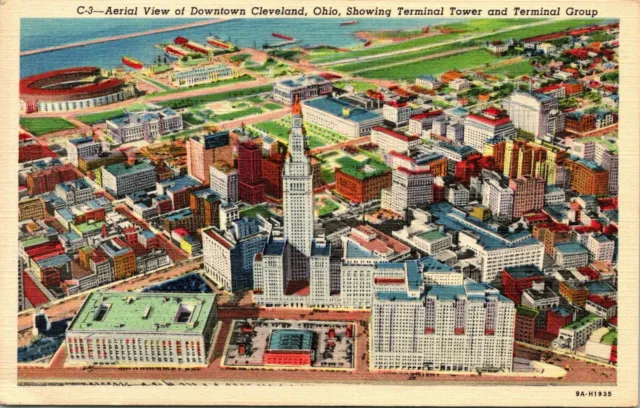 Cleveland OH Aerial View Terminal Tower Group Postcard unused (23875)