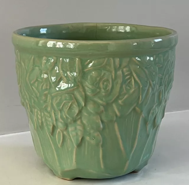 Vintage McCoy Art Pottery Planter Jardiniere Flower Pot | Green Floral Roses