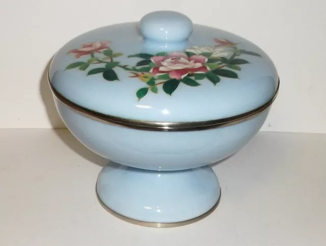 Rare Japanese Ando Sato Blue Cloisonne Enamel Pink Rose Compote Jar Bowl Box