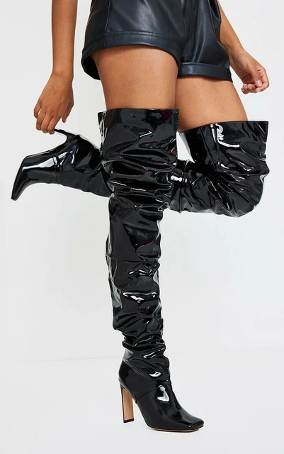 Bnib 4 Plt Black Patent Ruched Over Knee Otk Thigh Clubbing Nightclub Boots