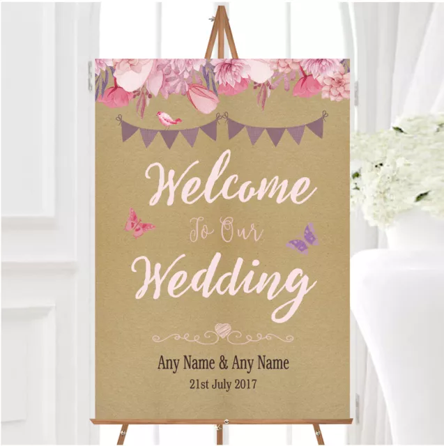 Lilac Pink Rustic Bunting Floral Personalised Any Wording Welcome Wedding Sign