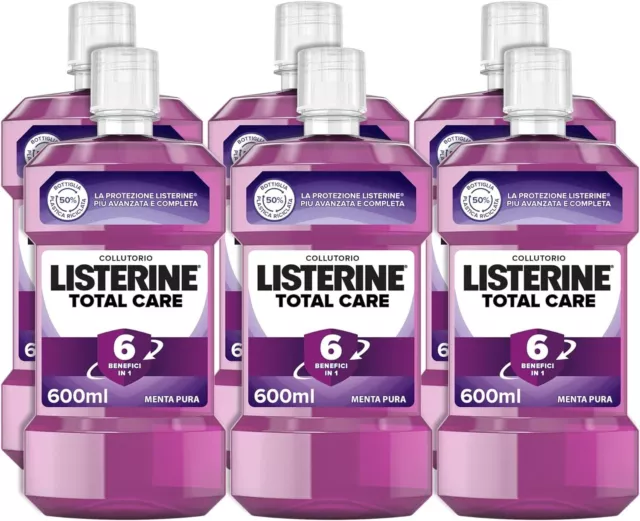 6 x Listerine Colluttorio, Total Care, Menta Pura, 6 benefici in 1 da 600ml