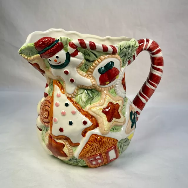 World Bazaars, Hand Painted, Embossed, Christmas Pitcher w/ Candy Cane Handle