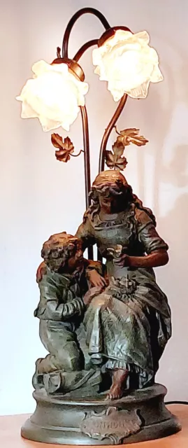 Vintage Large Art Nouveau Figural Bronze Painted Spelter Table Lamp Sculpture