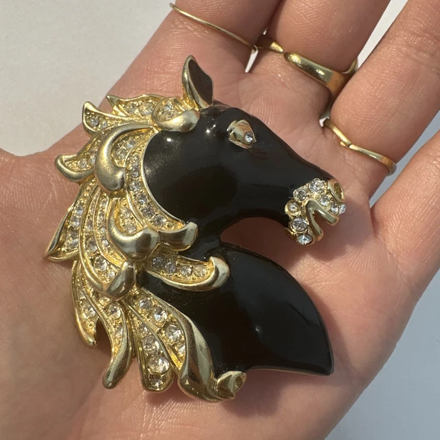 Broche Tête De Cheval Noir Et Doré Avec Strass Blancs • Neuf Sans Emballage • Style Fantaisie