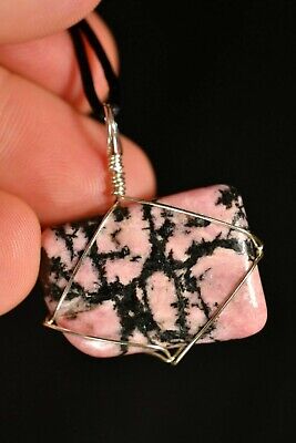 *RHODONITE* PENDANT +Cord 3.5cm 11g *SILVER* Wire Tumbled Stone Healing Crystal