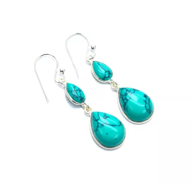 925 Solid Sterling Silver Turquoise Hook Earring-1.6 Inch|! B