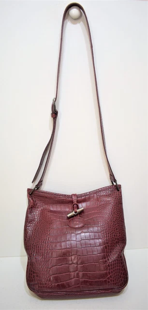 Longchamp, Sac porté épaule ou bandoulière en cuir façon crocodile bordeaux