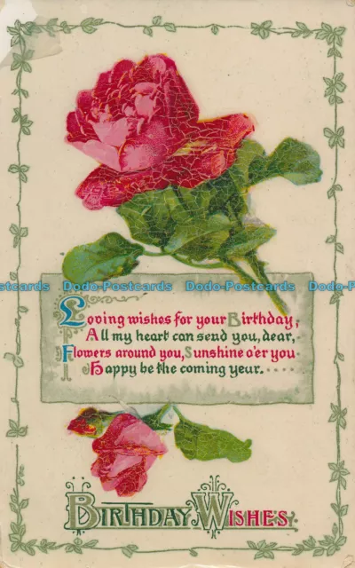 R002592 Greeting Postcard. Birthday Wishes. Red Rose. Wildt and Kray. 1913
