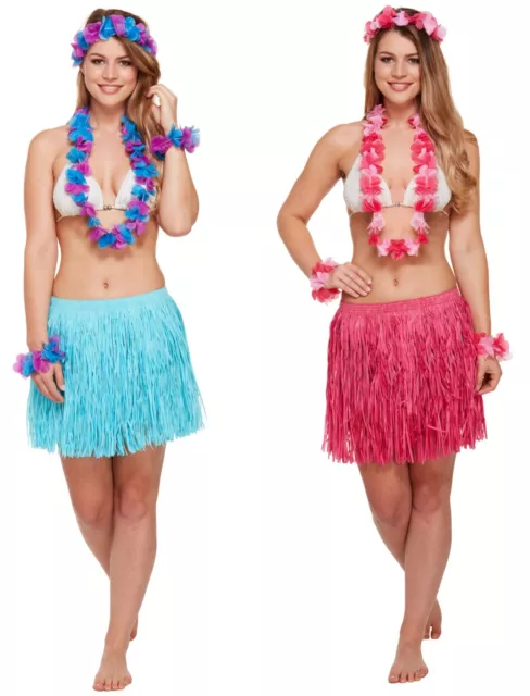 5 Piece Ladies Hula Girl Hawaiian Flowers Necklace Grass Skirt Party Fancy Dress