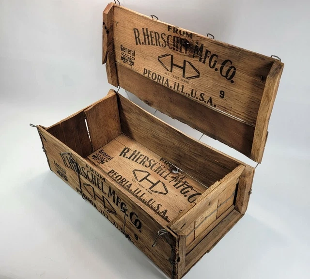 Antique Herschel Mfg Co Wooden Crate - Primitive Tractor Farm Tool Advertising