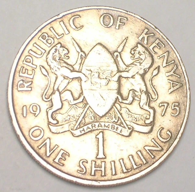 1975 Kenya Kenyan One 1 Shilling Kenyatta Lions in Arms Coin VF+