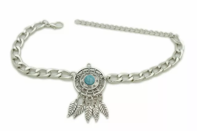 Women Western Boot Bracelet Silver Metal Chain Turquoise Shoe Feather Charm