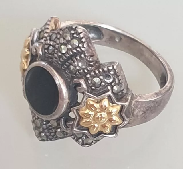 Vintage Ring aus 925er Silber mit Onyx und Markasiten Größe 55 (17,5 mm Ø)