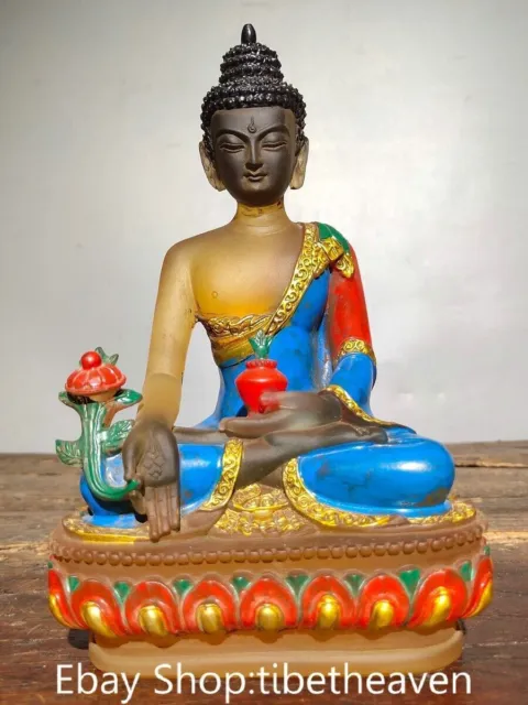 8" Old China Coloured Glaze Painting Seat Menla Medicine Buddha Statue