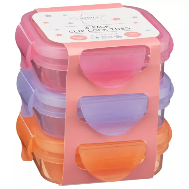 3pk Simply Kids Clip Lock Lunchbox Ideal For School,Work & Home - Pink & Purple