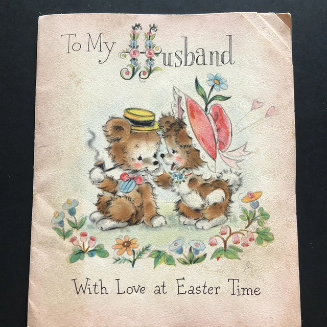 VINTAGE EASTER GREETING Card Anthropomorphic Bear Couple To My Husband