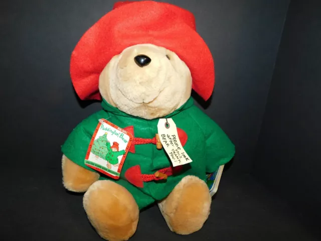Vtg Paddington Bear Red Hat Green coat SEARS CHRISTMAS 17"  Plush W/ Book & Tags