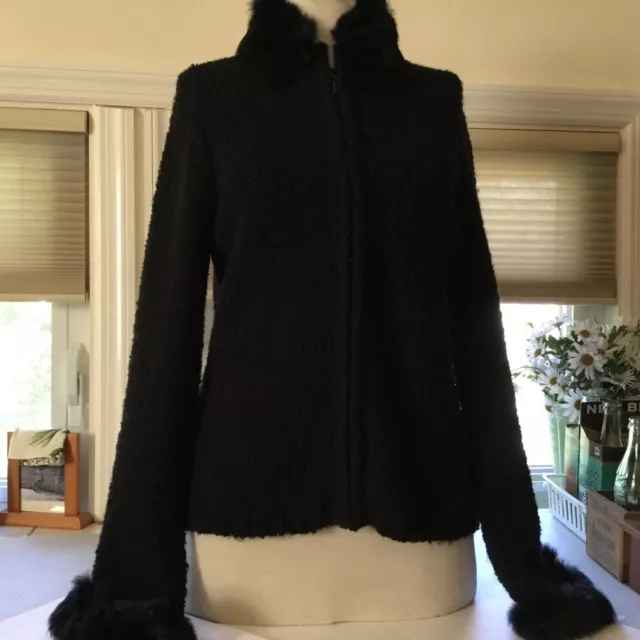 Women’s Black Rabbit Fur Trim Hoodie Full Zip Sweater Size Medium Vintage.