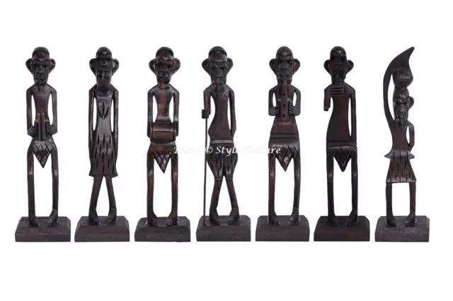 Set Of 7 African Tribal Warrior Hand Carved Wooden Figurines Hand Painted
