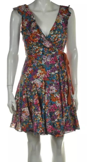 Ark & Co Womens Dress Size M Blue Brown Floral Wrap Above Knee Sleeveless Cotton