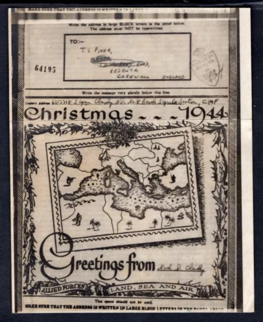 GB WW2 BEF 1944 Censored Airgraph to Redruth England CHRISTMAS, CMF Italy