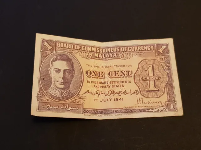 Malaya Straits Settlements 1941 1 One Cent Banknote - Circulated