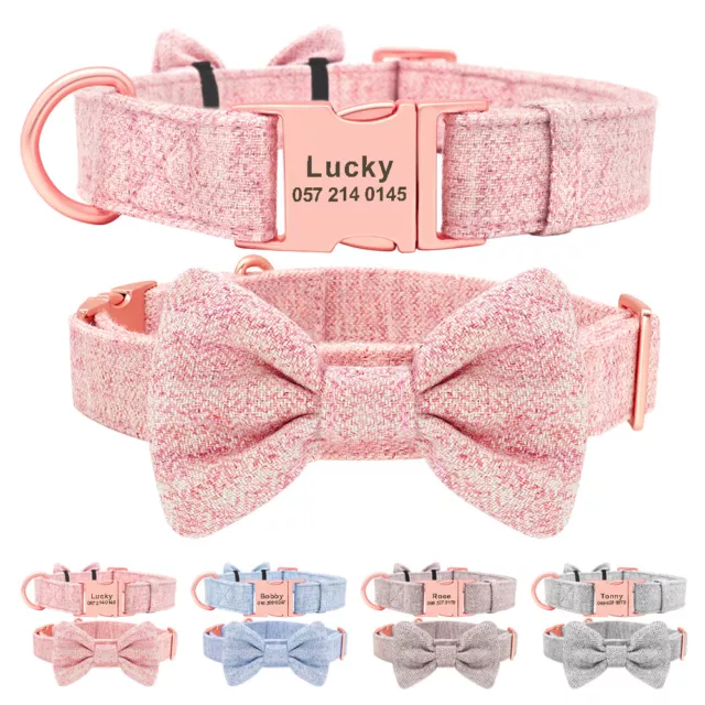 Tweed Dog Collar Personalized with Cute Bow Tie Pet Name Tag Engraved Free Pink