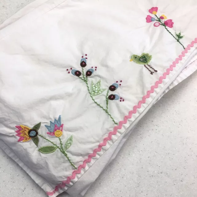 Pottery Barn Kids Crib Bed Skirt Dust Ruffle Pink White Floral Bird Embroidered