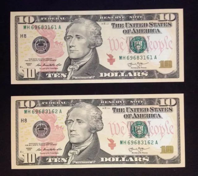 $10 TEN Dollar Bill Uncirculated 2013 Crisp Two Consecutive Numbers Bills