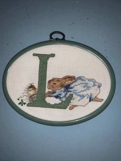 Small Framed completed Cross Stitch Wall Hanging Letter L & Bunny Peter rabbit ?