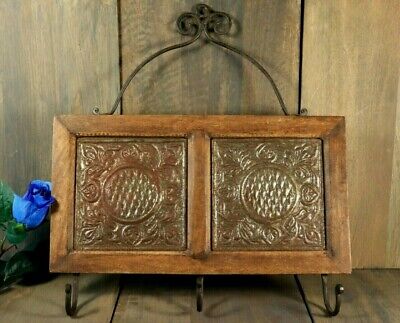 Antique French Wooden Wall Kitchen Coat Rack with Repousse Metal Plaques 3 Hooks
