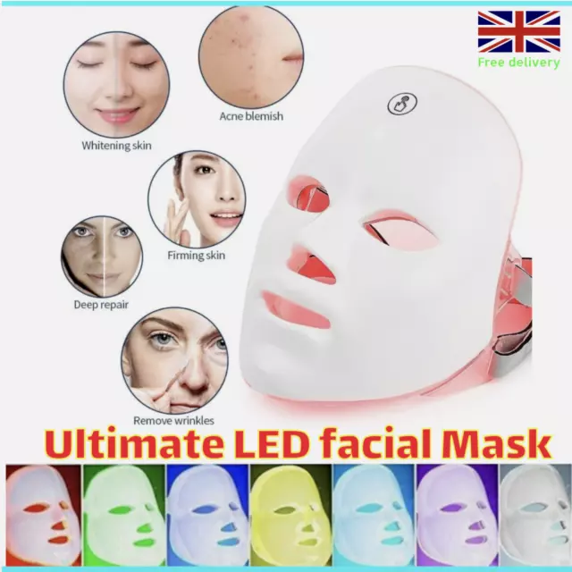 7 Colors LED Light Photon Face Neck Mask Rejuvenation Skin Therapy Wrinkles UK