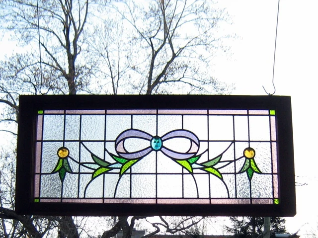 large leaded framed stained glass panel transom*antique wooden window decor art